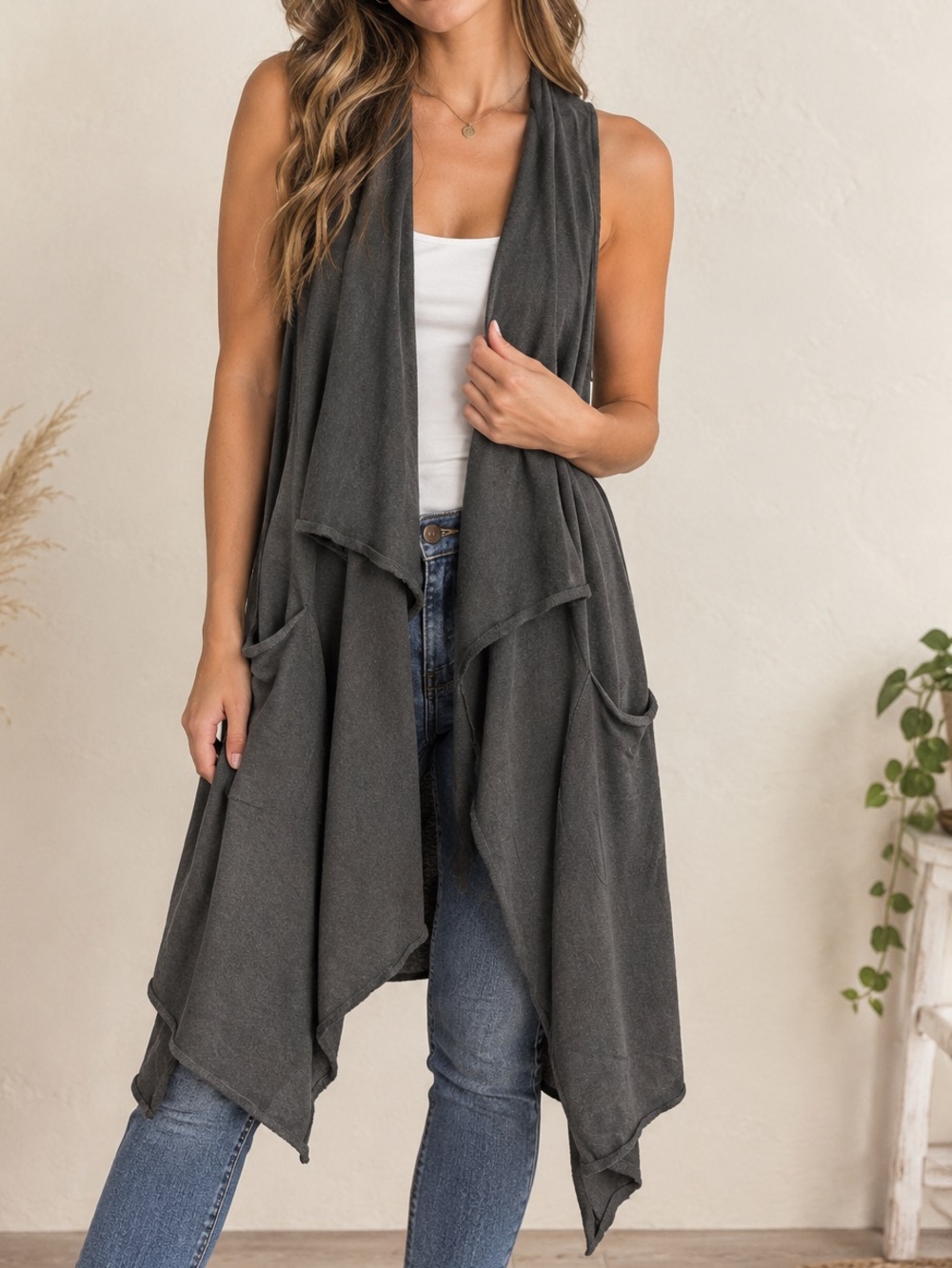 Made in Italy Cotton Boho Charcoal Gray Waterfall Drape Cardigan Vest w/ Pockets
